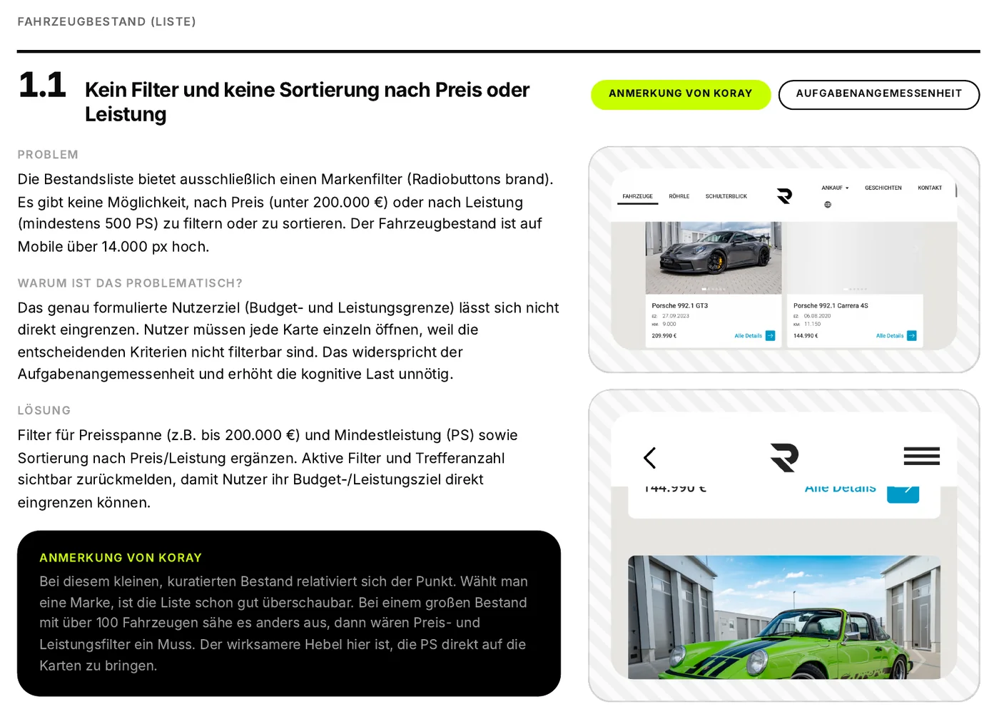 Ausschnitt aus einem Report: ein Befund mit Problem, Begründung und Lösung, daneben zwei annotierte Screenshots und darunter eine grün markierte Anmerkung von Koray Önal